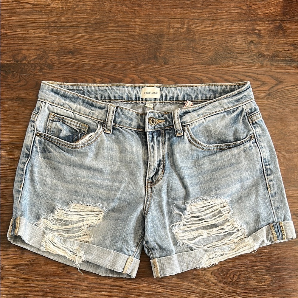 Sneak Peek Women's Distressed Denim Shorts | Blue Denim Shorts | Distressed